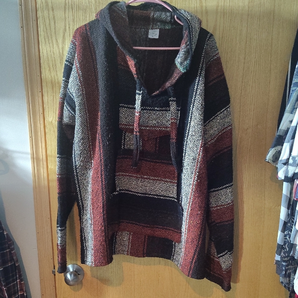 Source Unknown Striped Hooded Baja Sweater in Rust, Black and Cream